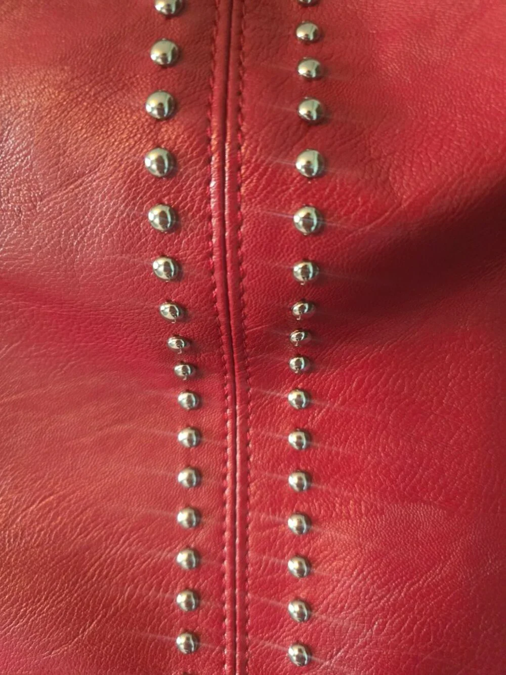 Red Soft Vinyl Bucket Purse with Studs & Woven Strap